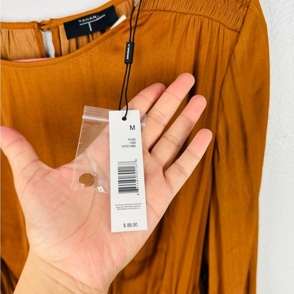 T Tahari Toffee Camel Pleated Smocked Waist Satin Long Sleeve Top - Picture 3 of 7